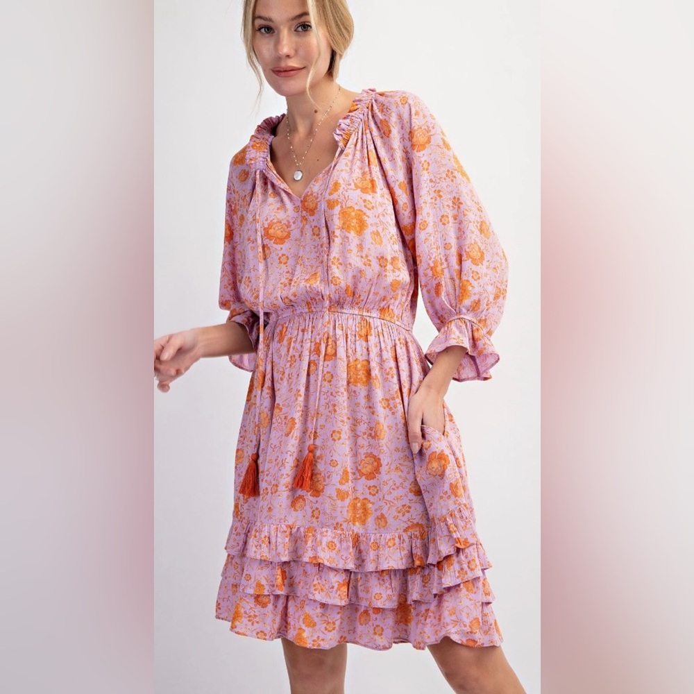 Easel Floral Tiered Ruffle Dress with Pockets - Pink & Orange
100% Rayon ED21972 - Picture 4 of 8